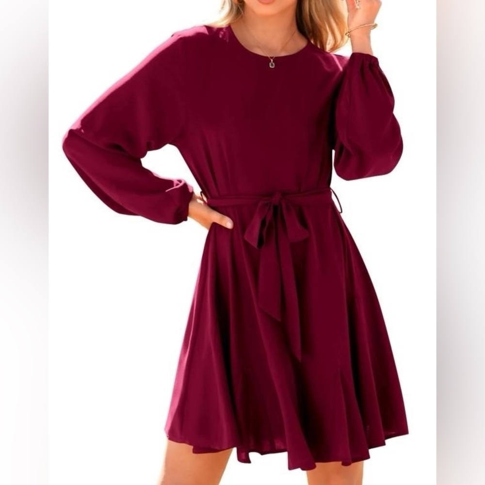Long Sleeve Casual Dress - Wine Red Small